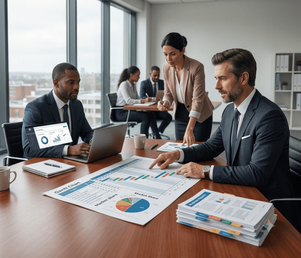 Five colleagues review business reports.