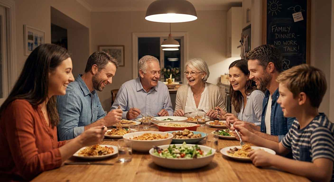 Family business owners discussing important business decisions together and having dinner