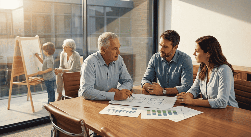 Family business leaders discussing strategy and business goals