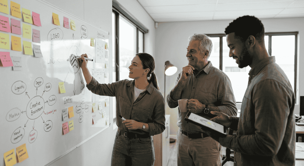 A young professional presenting ideas on a whiteboard
