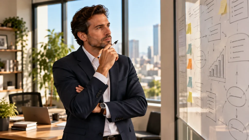 Business leader analyzing strategies and planning solutions on a whiteboard to make better decisions under pressure.
